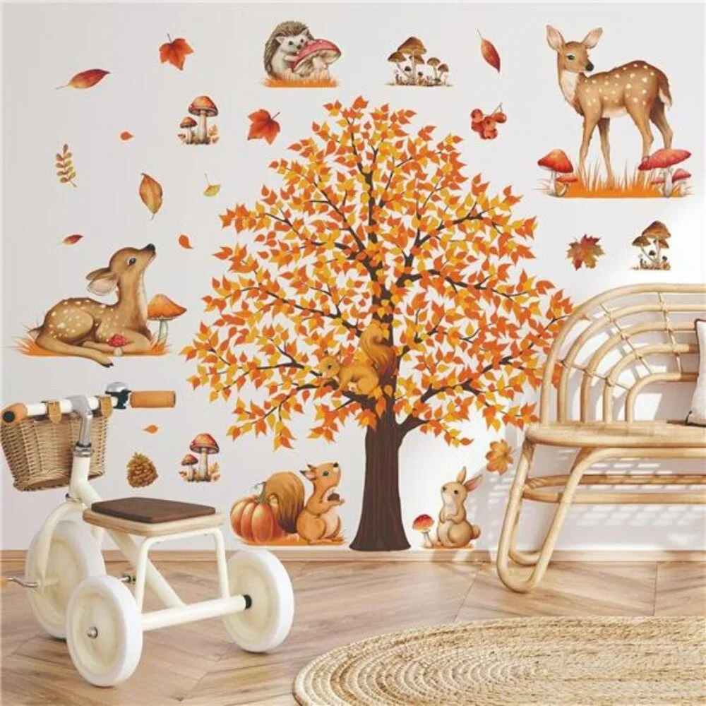 fall autumn maple tree wall decals woodland animals mushroom bedroom decor room